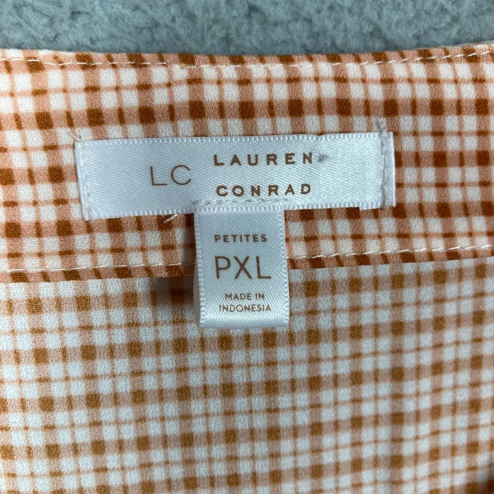LC Lauren Conrad Crop Top Women's Petite‎ XL Brown Plaid Sleeve Cottagecore - Picture 5 of 9